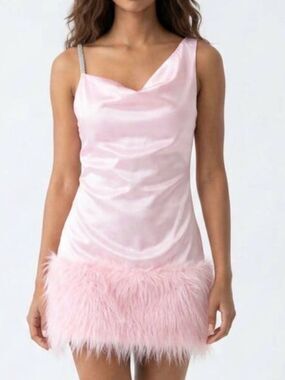 Loragal Pink Fur Rhinestone Shoulder Dress Size L